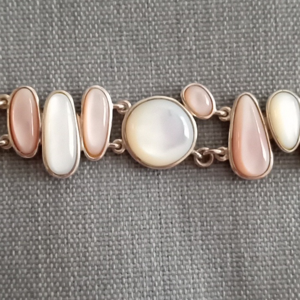 WHITE AND PINK MOTHER OF PEARL STERLING SILVER BRACELET - Picture 5 of 10